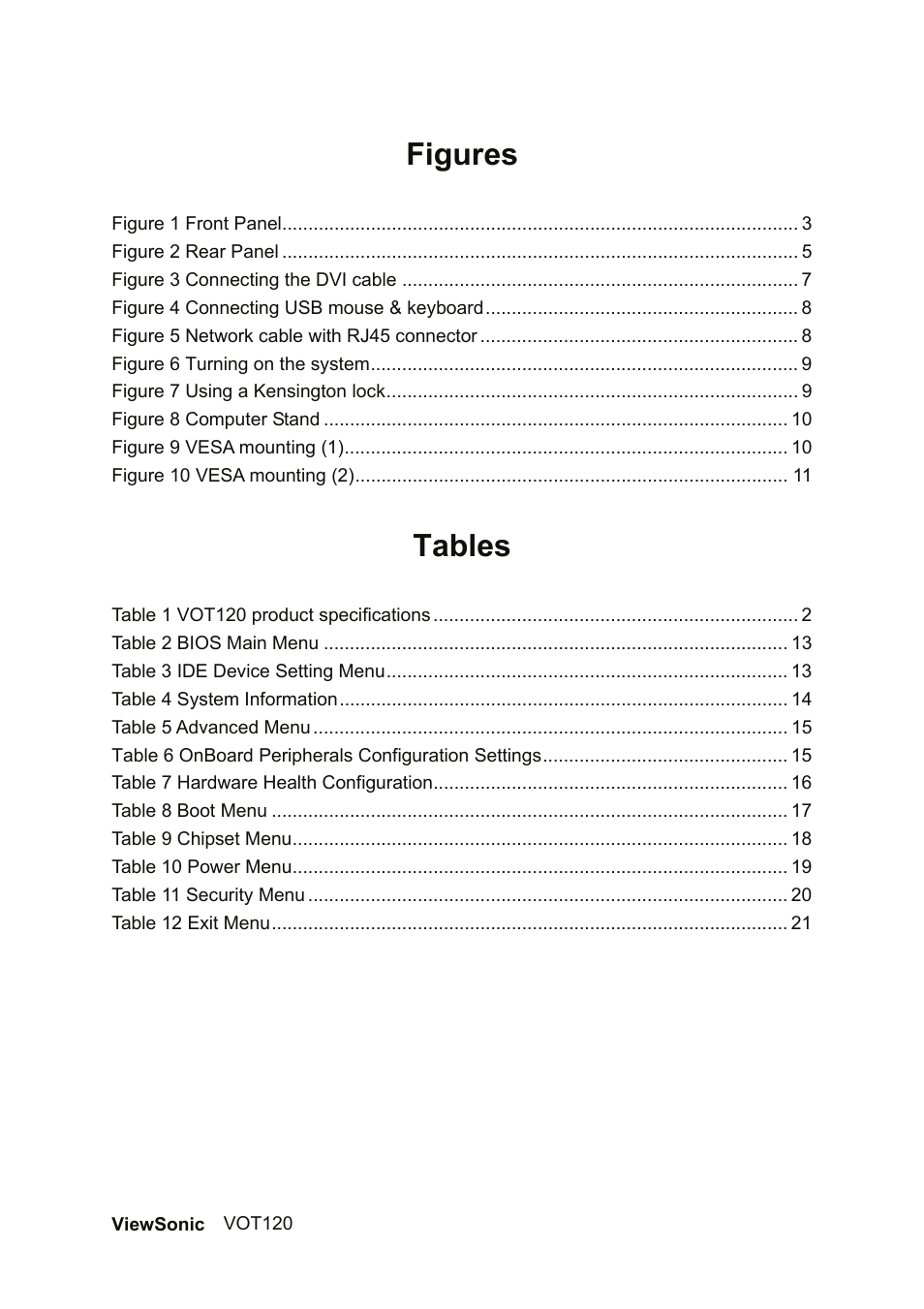 Figures, Tables | VIEWSONIC VOT120 User Manual | Page 8 / 38