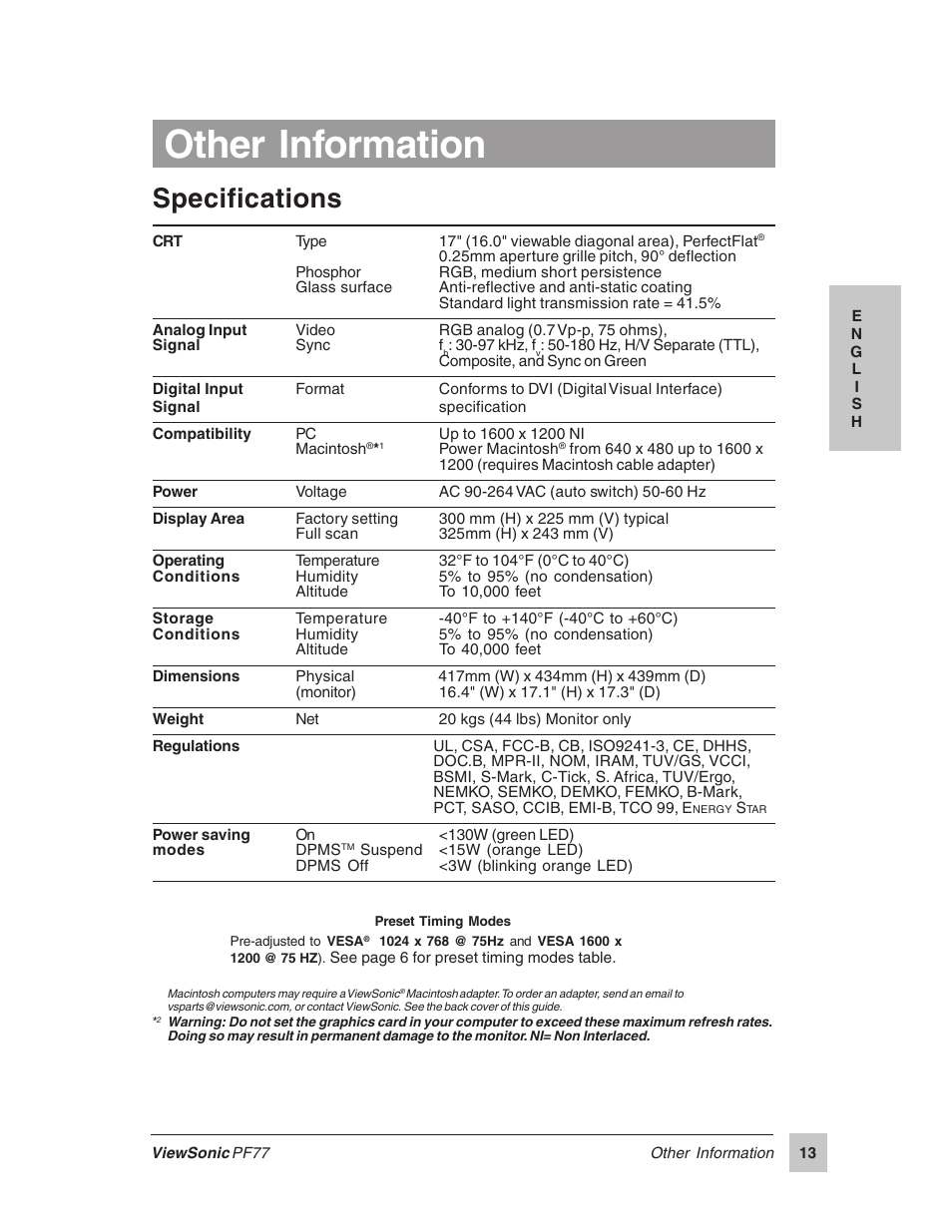 Other information, Specifications | VIEWSONIC PERFECTFLAT PF77 User Manual | Page 14 / 18