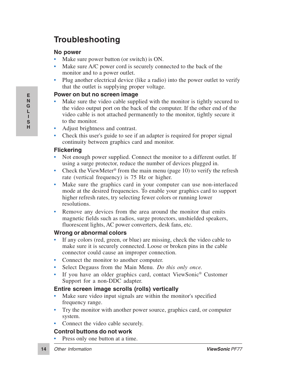 Troubleshooting | VIEWSONIC PERFECTFLAT PF77 User Manual | Page 15 / 18