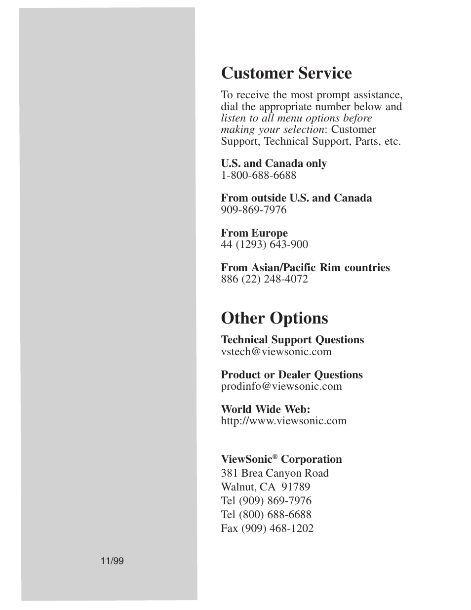 Customer service, Other options | VIEWSONIC PERFECTFLAT PF77 User Manual | Page 18 / 18