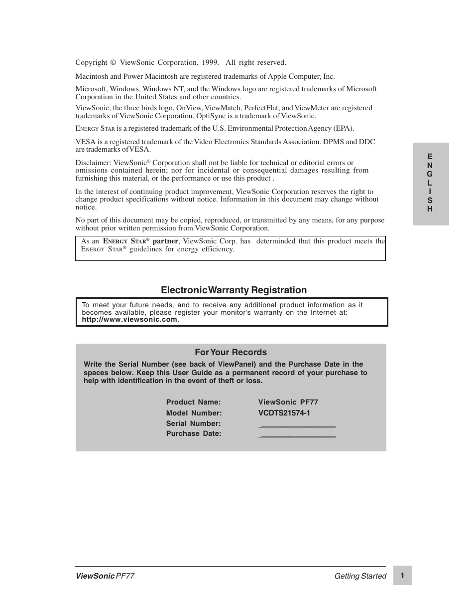 Electronic warranty registration | VIEWSONIC PERFECTFLAT PF77 User Manual | Page 2 / 18