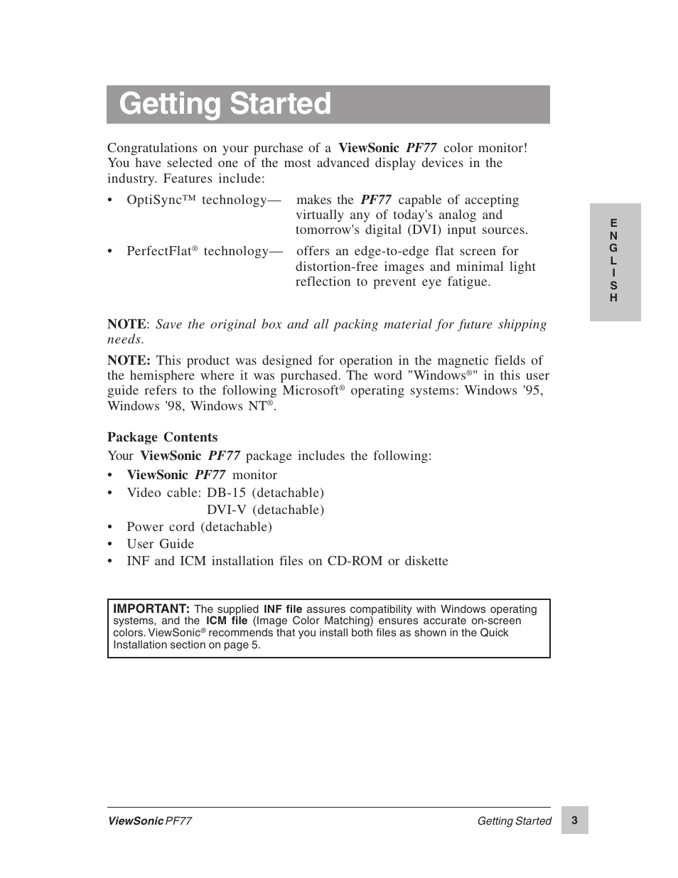 Getting started | VIEWSONIC PERFECTFLAT PF77 User Manual | Page 4 / 18