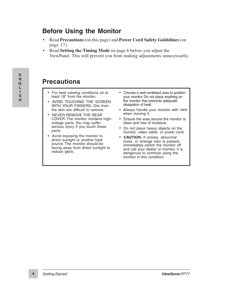 Before using the monitor precautions | VIEWSONIC PERFECTFLAT PF77 User Manual | Page 5 / 18