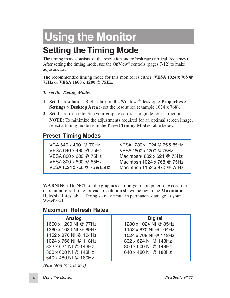 Using the monitor, Setting the timing mode, Preset timing modes | Maximum refresh rates | VIEWSONIC PERFECTFLAT PF77 User Manual | Page 7 / 18