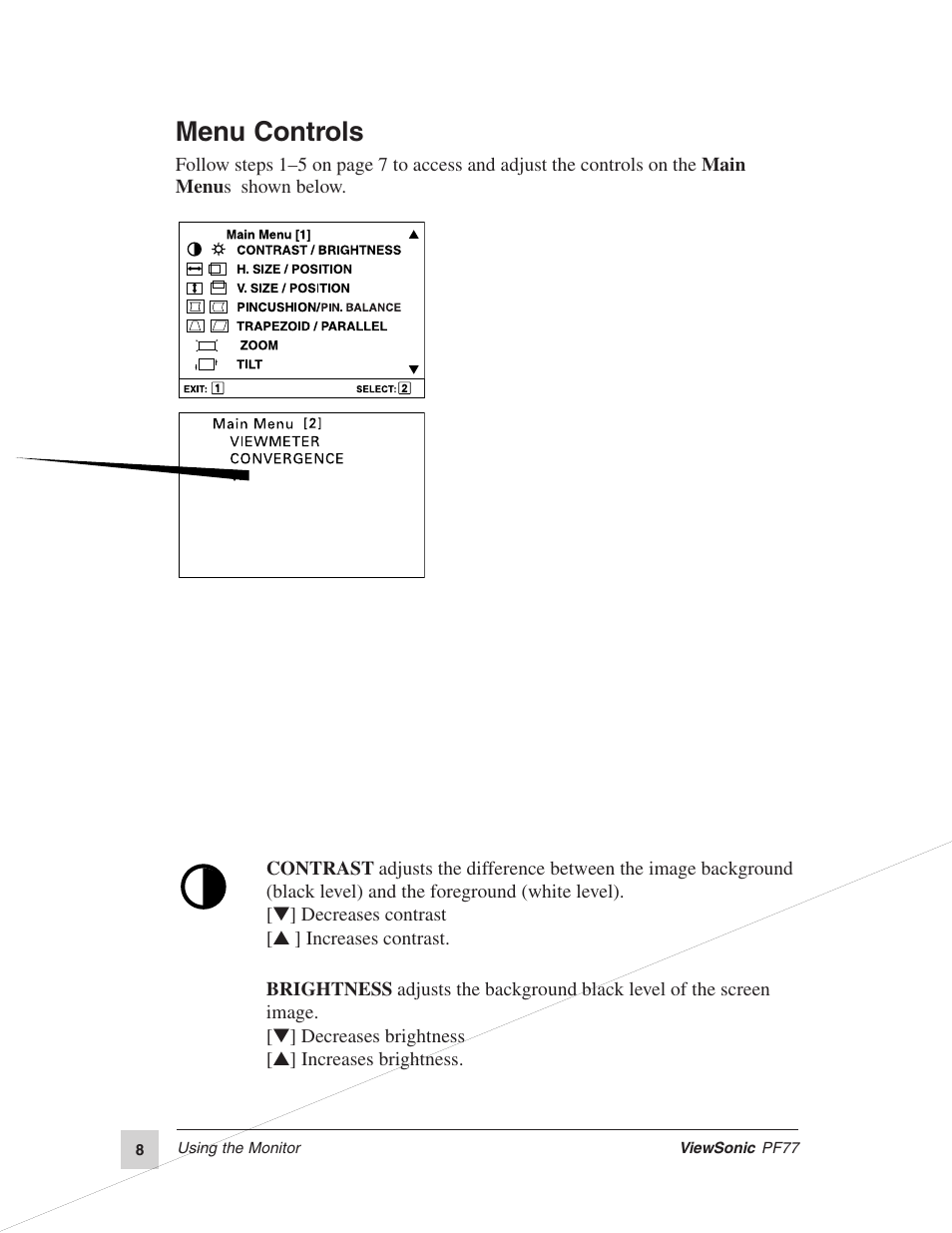 Menu controls | VIEWSONIC PERFECTFLAT PF77 User Manual | Page 9 / 18