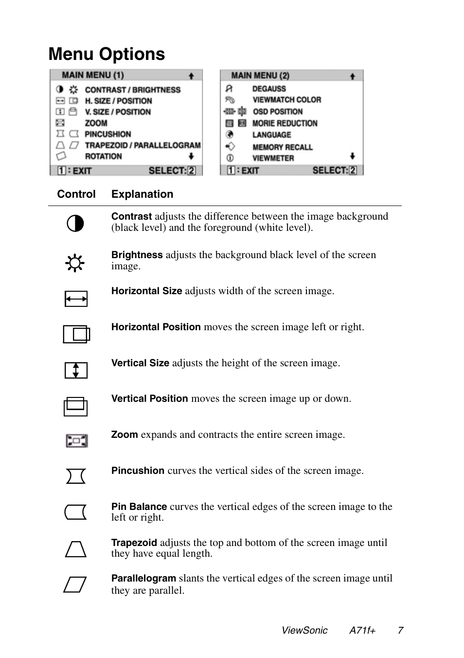 Menu options | VIEWSONIC A71F+ User Manual | Page 10 / 18