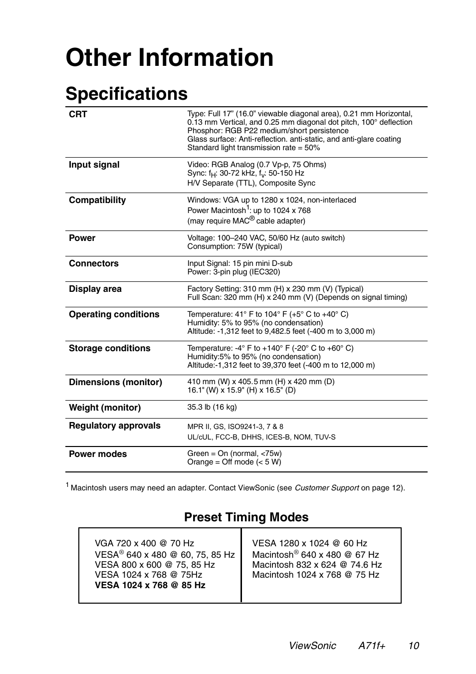 Other information, Specifications, Preset timing modes | VIEWSONIC A71F+ User Manual | Page 13 / 18