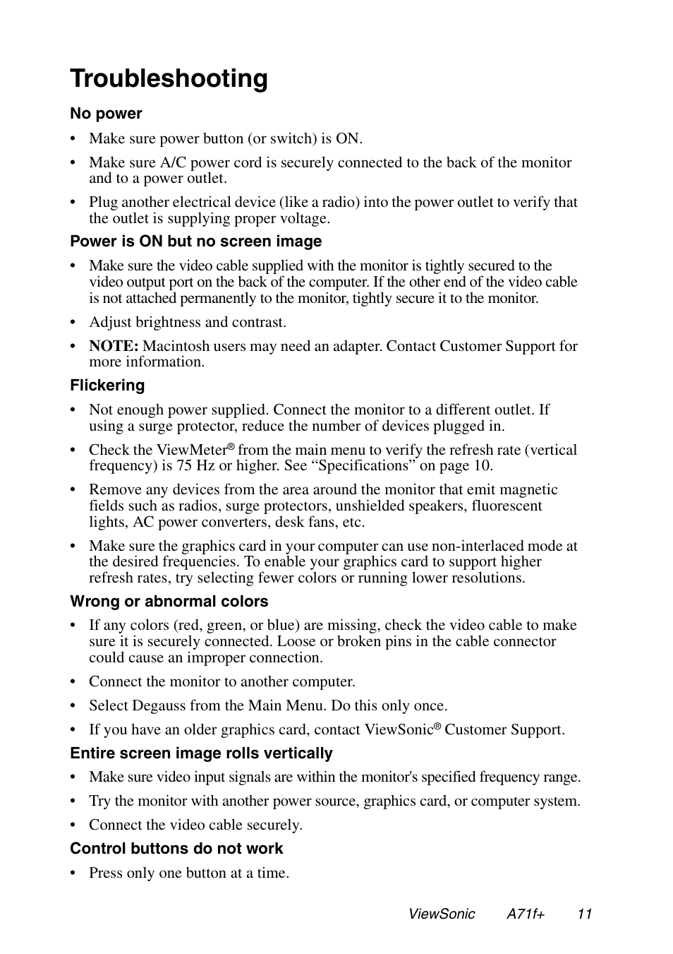 Troubleshooting | VIEWSONIC A71F+ User Manual | Page 14 / 18