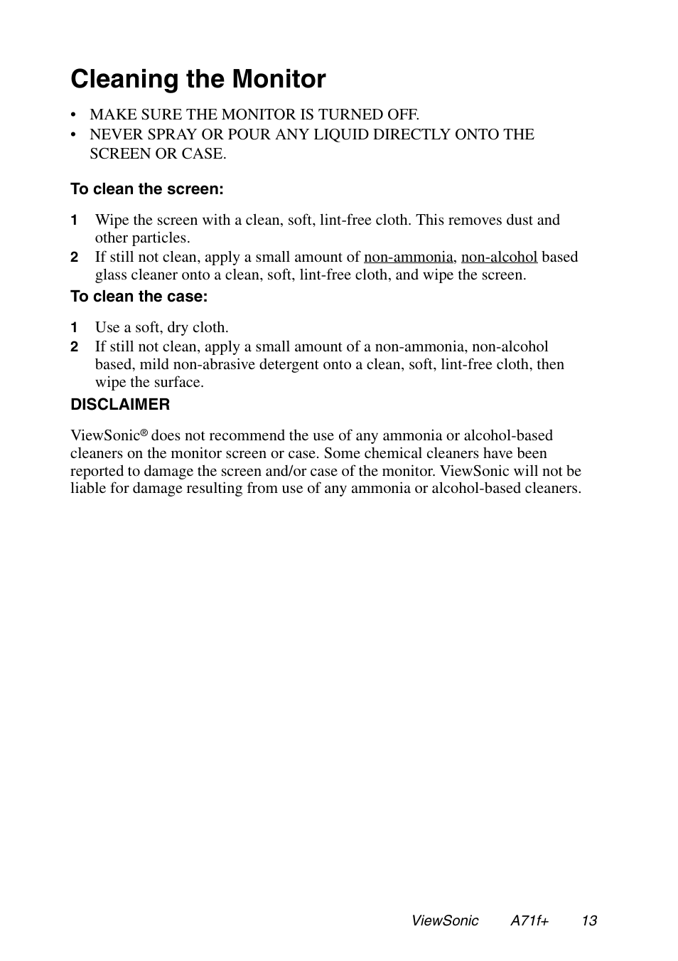 Cleaning the monitor | VIEWSONIC A71F+ User Manual | Page 16 / 18