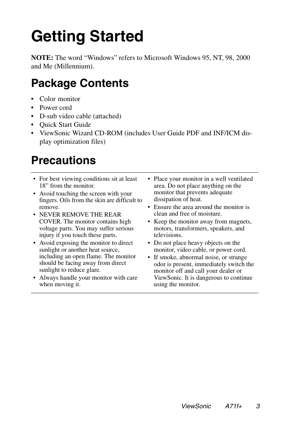 Getting started, Package contents, Precautions | VIEWSONIC A71F+ User Manual | Page 6 / 18