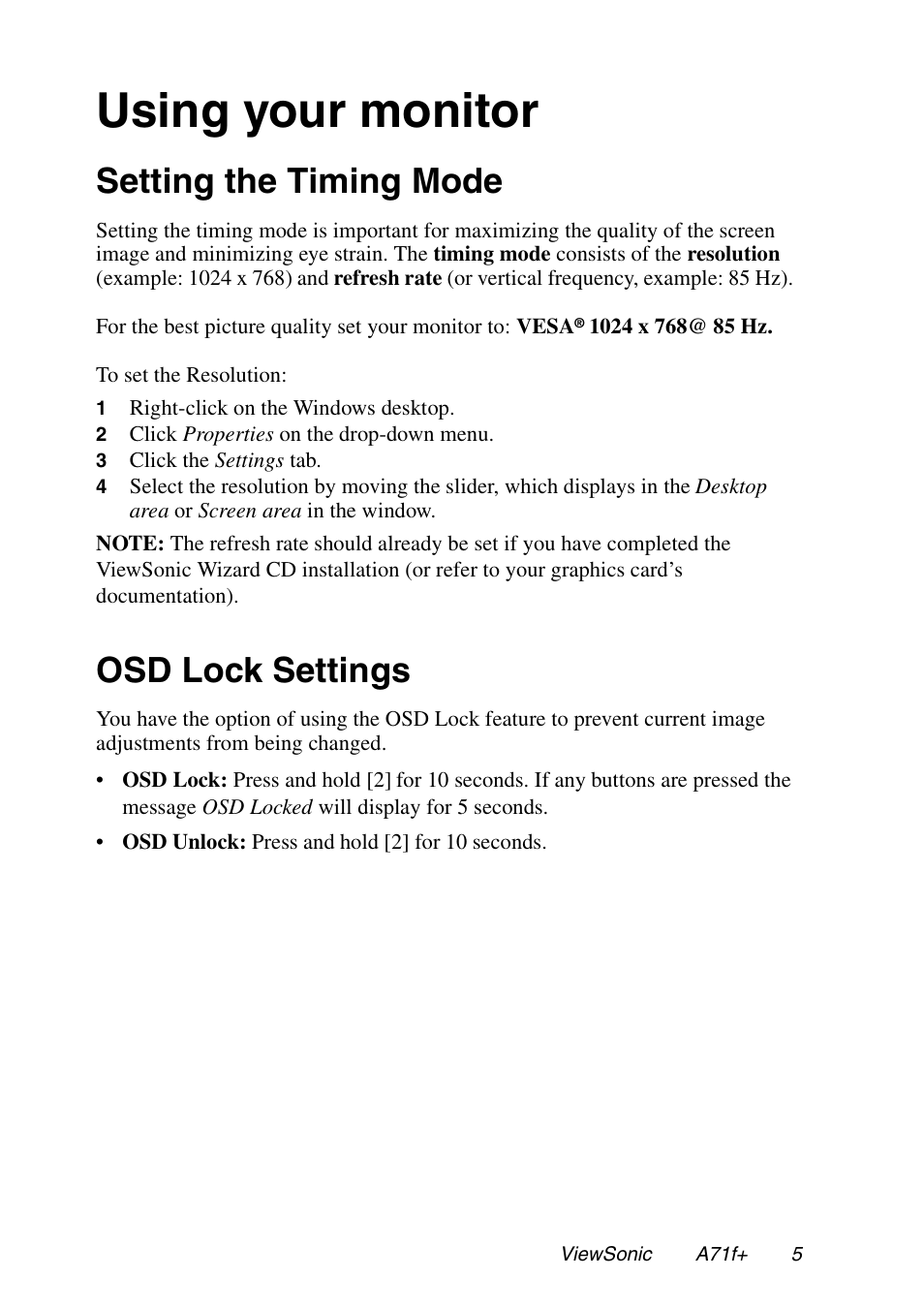 Using your monitor, Setting the timing mode, Osd lock settings | VIEWSONIC A71F+ User Manual | Page 8 / 18