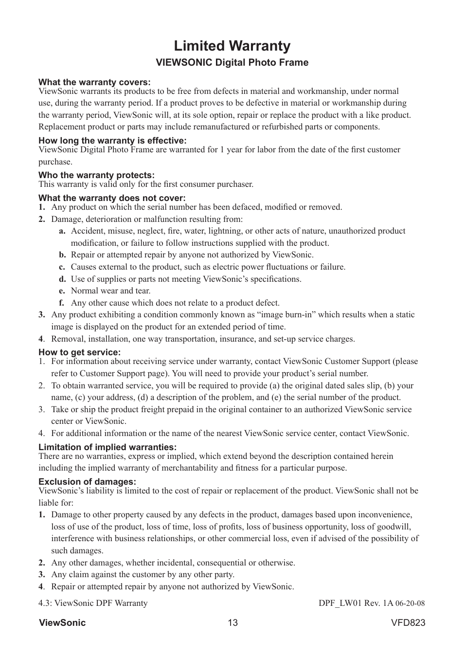 Limited warranty | VIEWSONIC VFD823 User Manual | Page 18 / 22