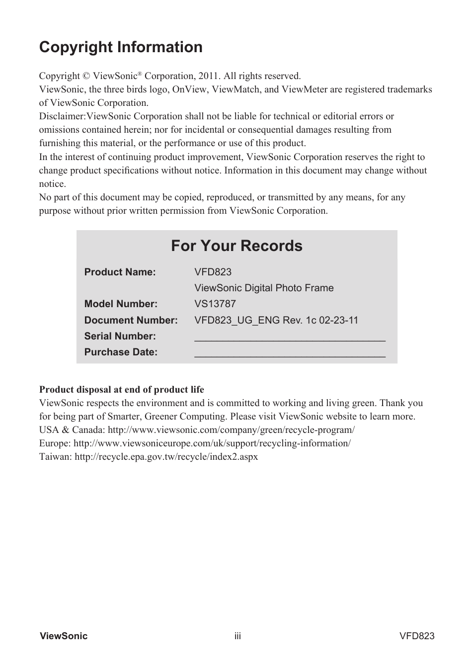 Copyright information, For your records | VIEWSONIC VFD823 User Manual | Page 4 / 22