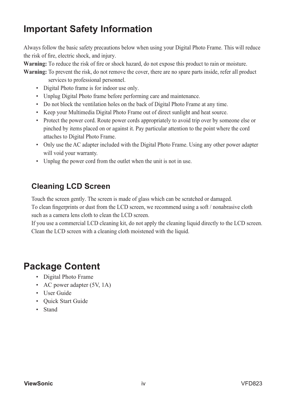 Important safety information, Package content, Cleaning lcd screen | VIEWSONIC VFD823 User Manual | Page 5 / 22