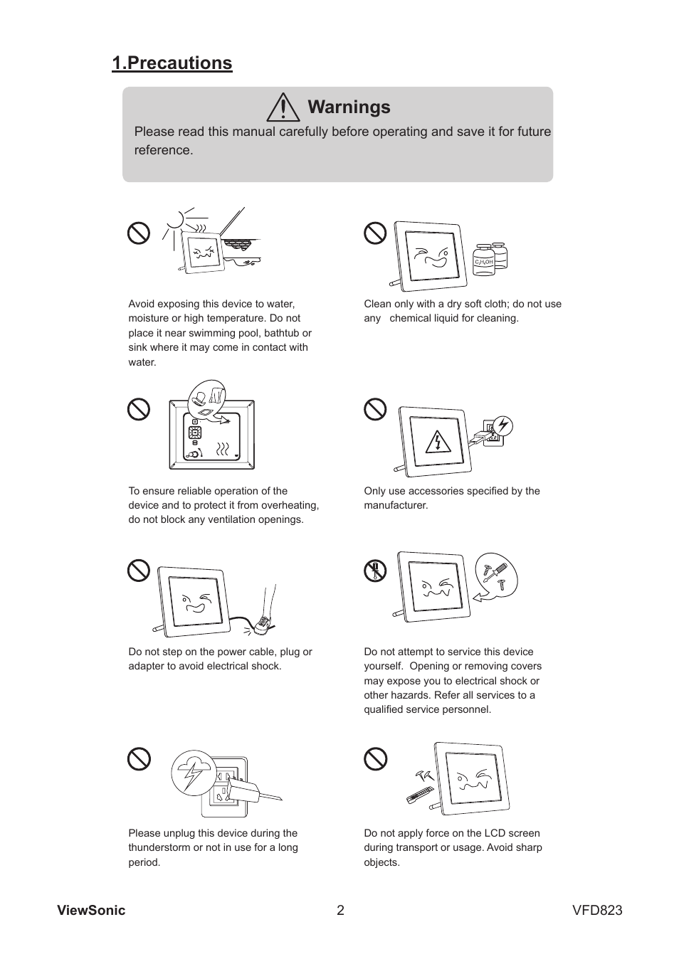 Precautions warnings | VIEWSONIC VFD823 User Manual | Page 7 / 22