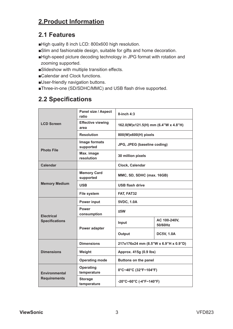 1 features 2.2 specifications, Product information, 3viewsonic vfd823 | VIEWSONIC VFD823 User Manual | Page 8 / 22