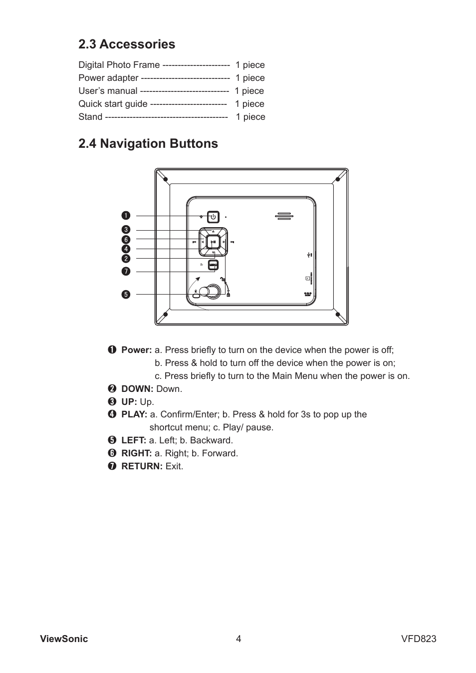 4 navigation buttons, 3 accessories | VIEWSONIC VFD823 User Manual | Page 9 / 22