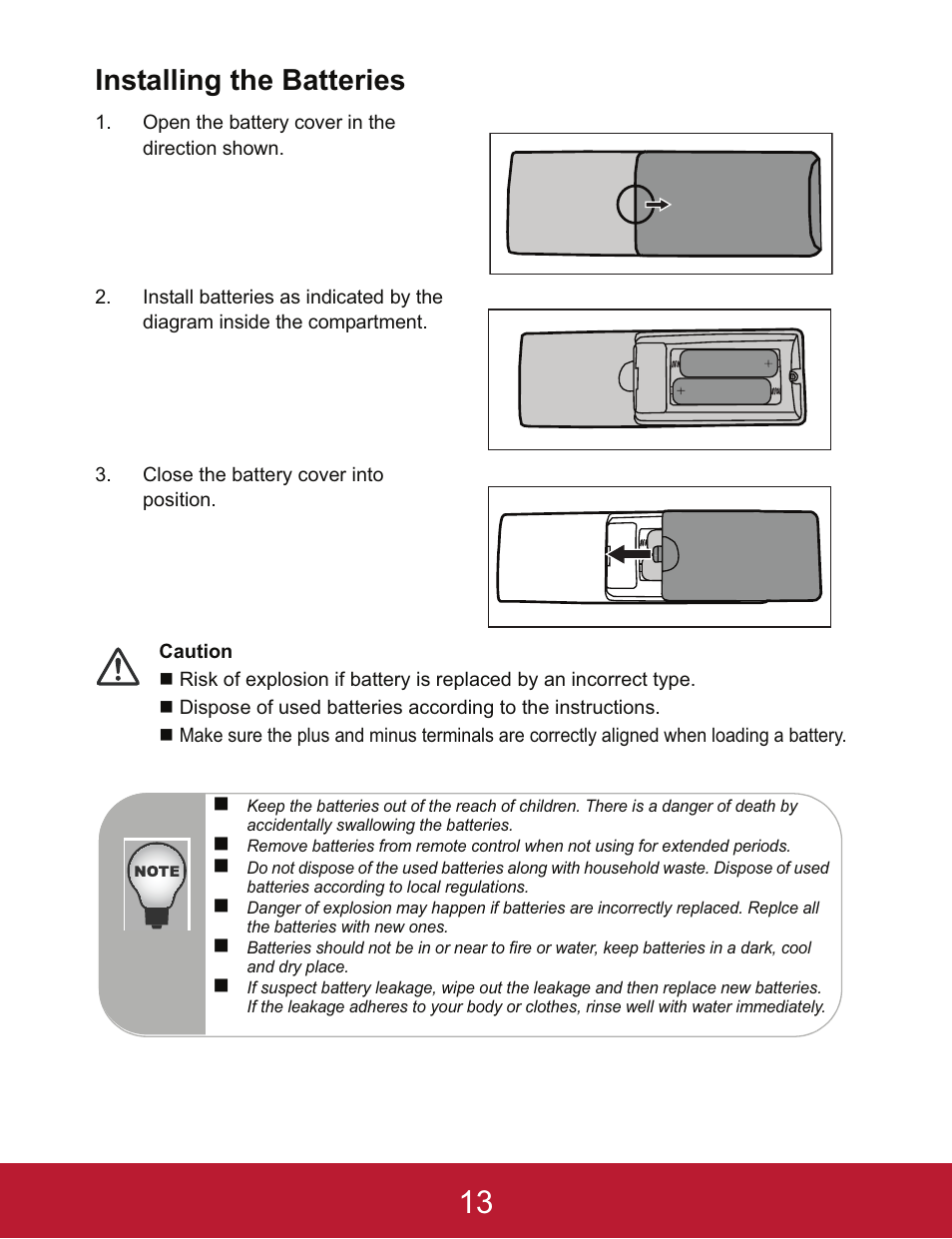 Installing the batteries | VIEWSONIC PJD5233 User Manual | Page 16 / 54