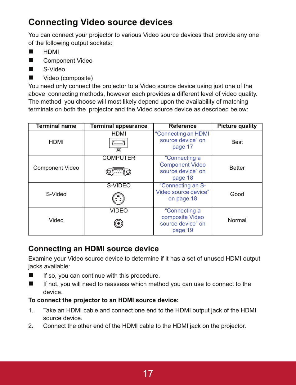 Connecting video source devices, Connecting an hdmi source device | VIEWSONIC PJD5233 User Manual | Page 20 / 54