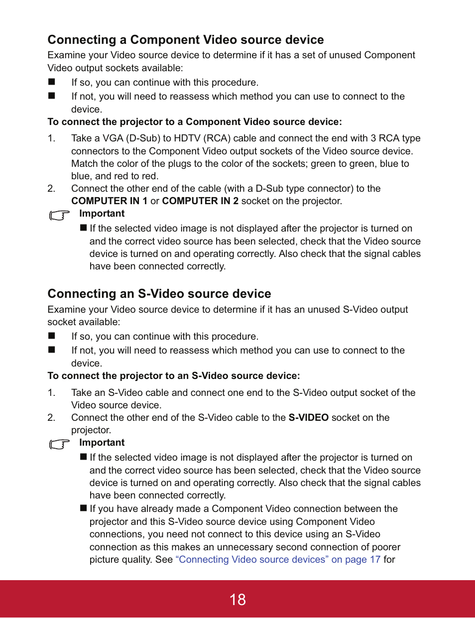 Connecting a component video source device, Connecting an s-video source device | VIEWSONIC PJD5233 User Manual | Page 21 / 54
