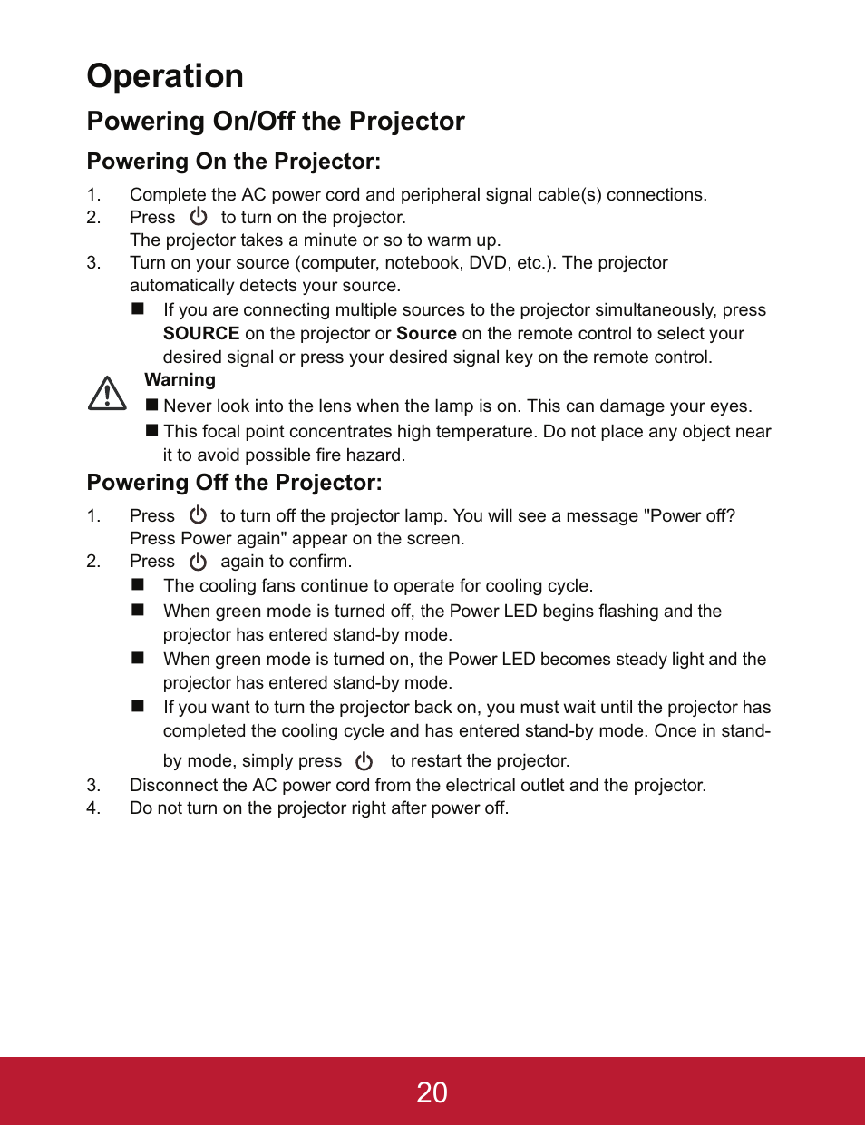 Operation, Powering on/off the projector, Powering on the projector | Powering off the projector | VIEWSONIC PJD5233 User Manual | Page 23 / 54