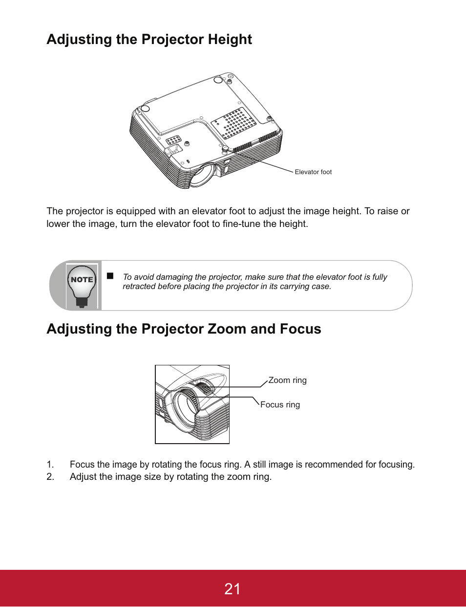 Adjusting the projector height, Adjusting the projector zoom and focus | VIEWSONIC PJD5233 User Manual | Page 24 / 54
