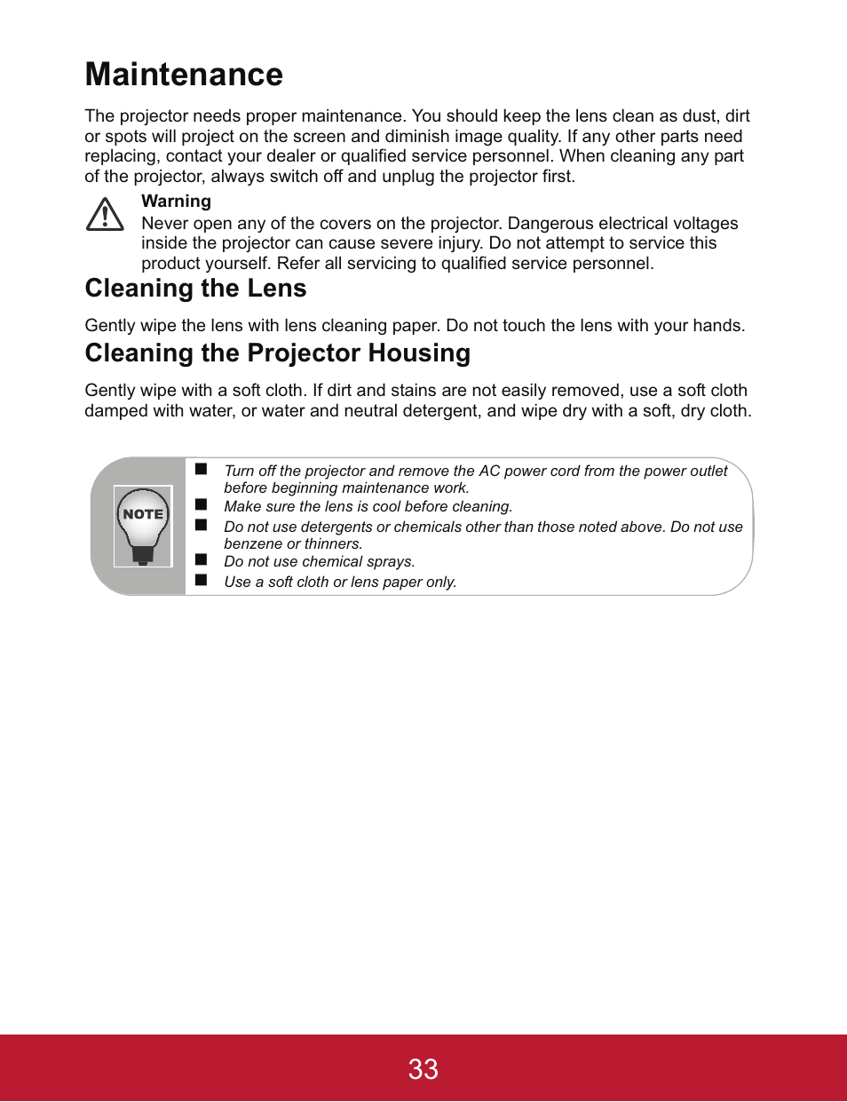Maintenance, Cleaning the lens, Cleaning the projector housing | VIEWSONIC PJD5233 User Manual | Page 36 / 54