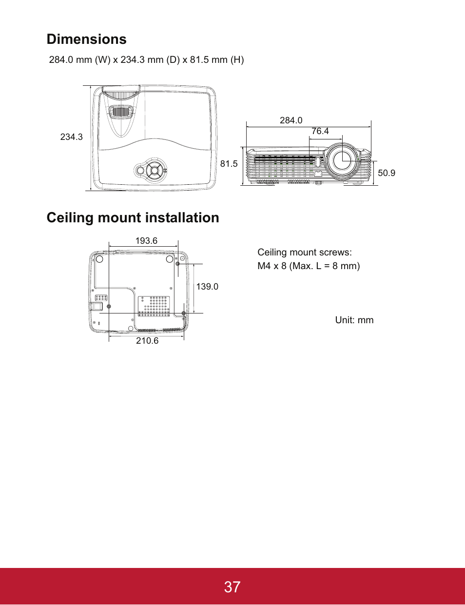 Dimensions, Ceiling mount installation | VIEWSONIC PJD5233 User Manual | Page 40 / 54