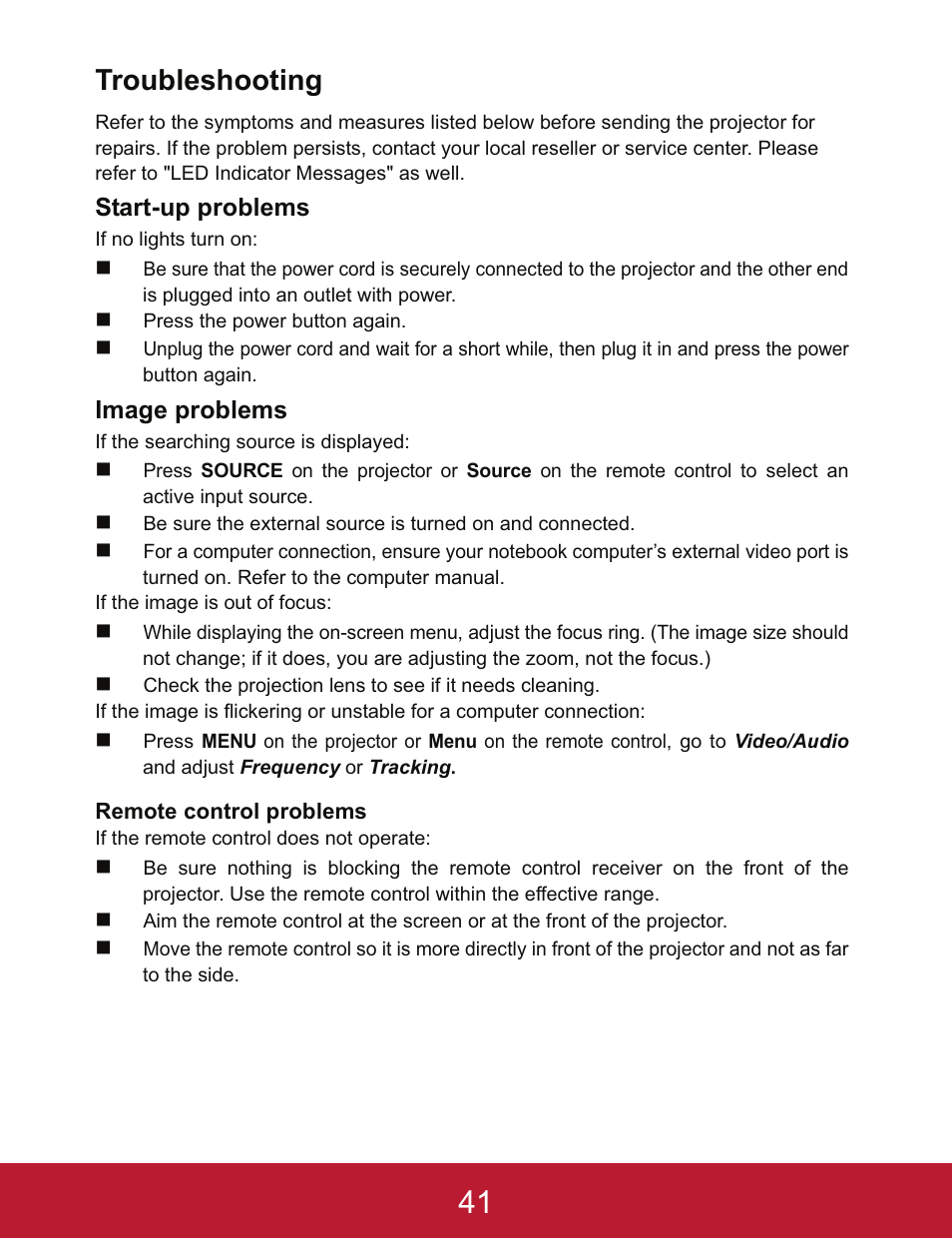 Troubleshooting, Start-up problems, Image problems | VIEWSONIC PJD5233 User Manual | Page 44 / 54