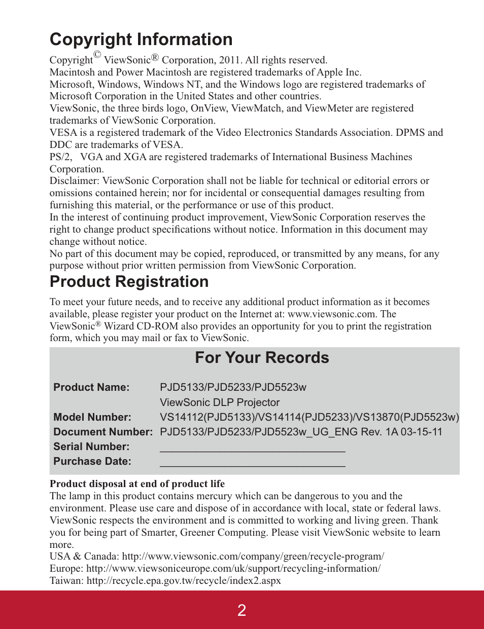 Copyright information, Product registration, For your records | VIEWSONIC PJD5233 User Manual | Page 5 / 54