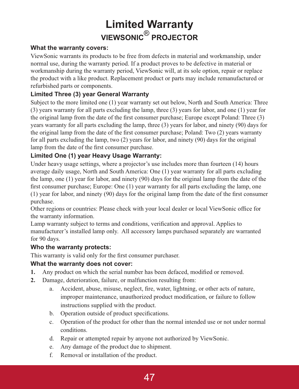 Limited warranty | VIEWSONIC PJD5233 User Manual | Page 50 / 54