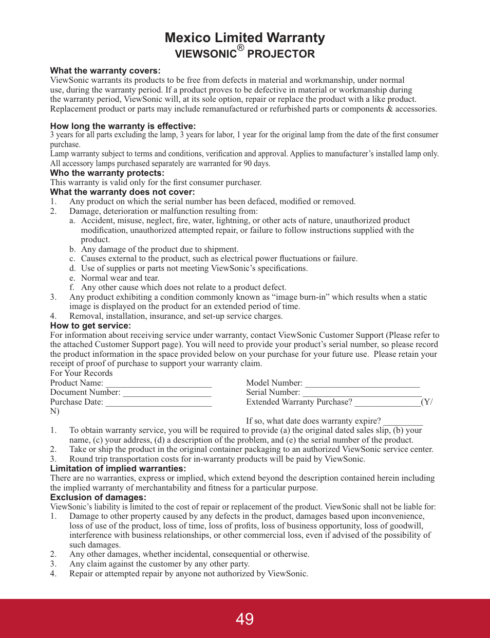 Mexico limited warranty | VIEWSONIC PJD5233 User Manual | Page 52 / 54