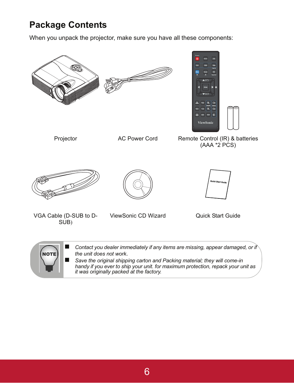 Package contents | VIEWSONIC PJD5233 User Manual | Page 9 / 54