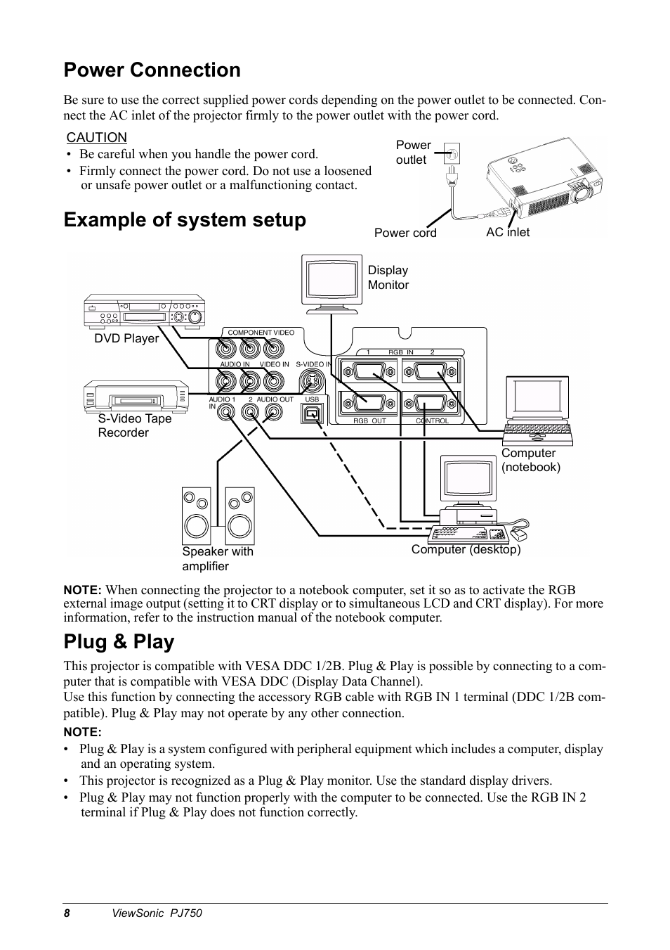 Power connection, Example of system setup, Plug & play | VIEWSONIC PJ750 User Manual | Page 10 / 30