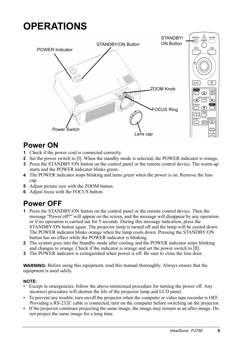 Operations, Power on, Power off | VIEWSONIC PJ750 User Manual | Page 11 / 30