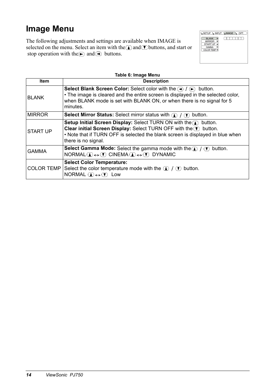 Image menu | VIEWSONIC PJ750 User Manual | Page 16 / 30