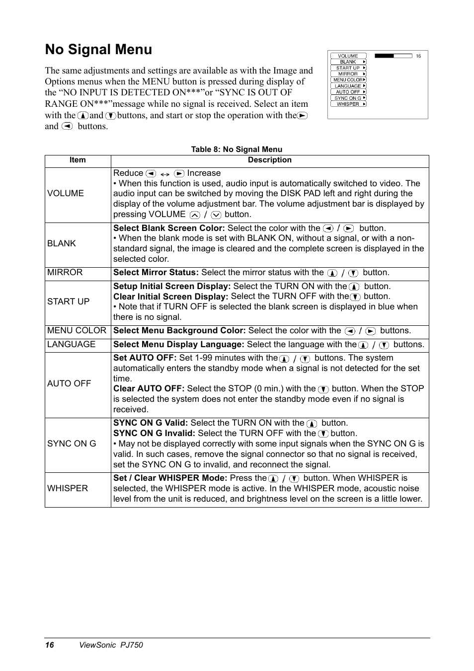 No signal menu | VIEWSONIC PJ750 User Manual | Page 18 / 30