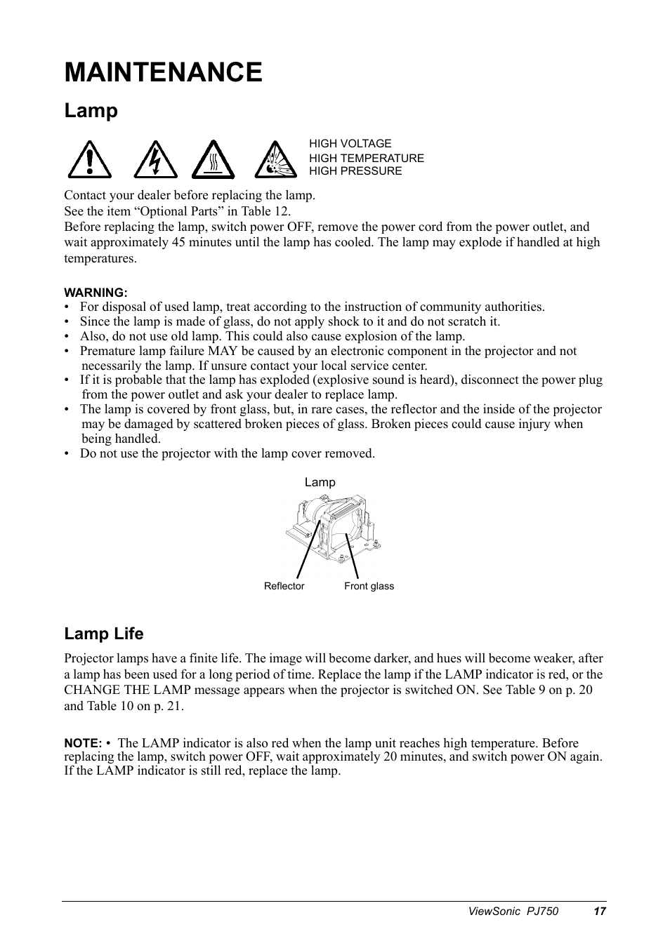 Maintenance, Lamp, Lamp life | VIEWSONIC PJ750 User Manual | Page 19 / 30