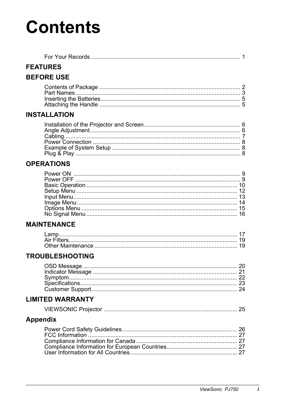 VIEWSONIC PJ750 User Manual | Page 2 / 30