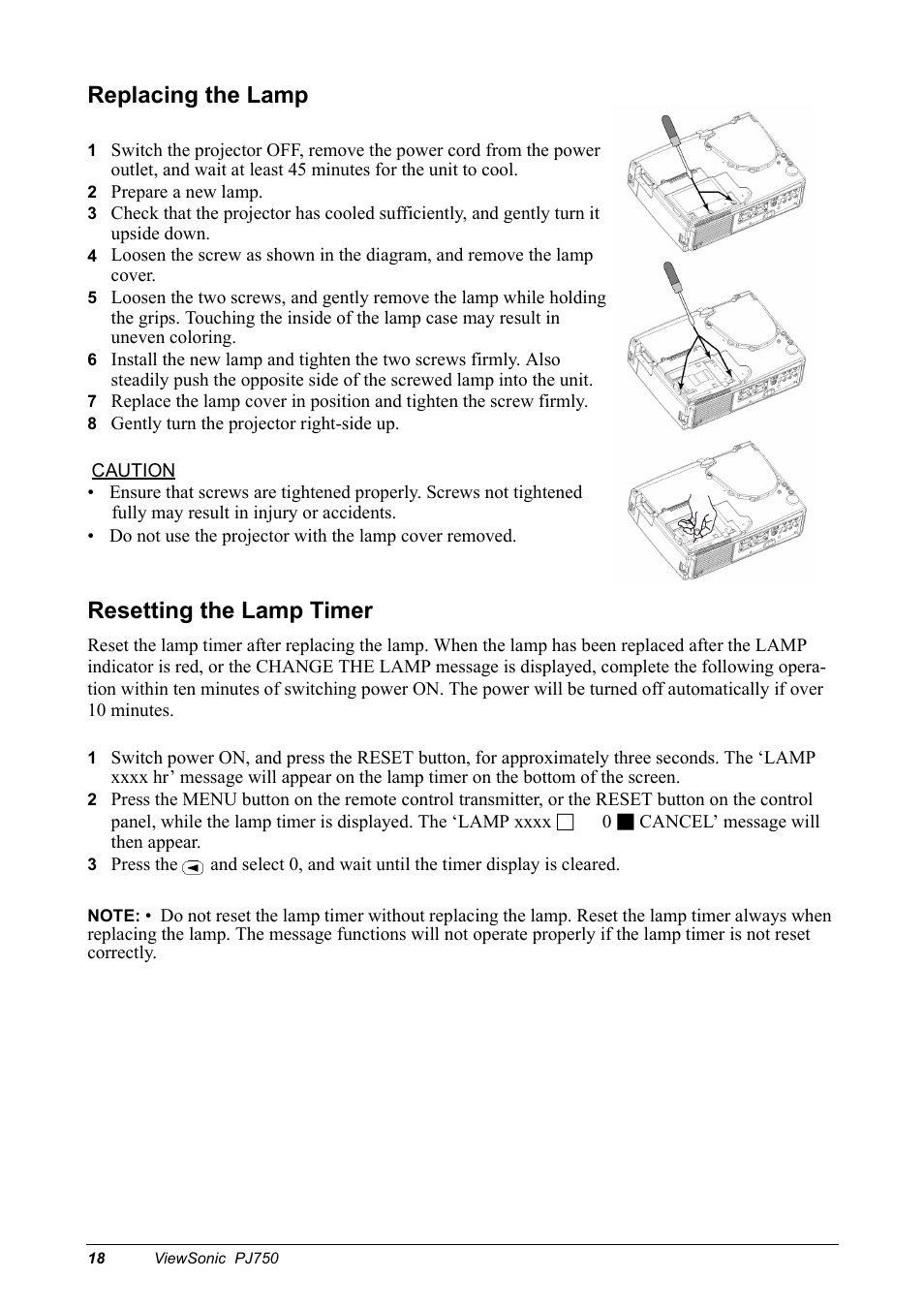 Replacing the lamp, Resetting the lamp timer | VIEWSONIC PJ750 User Manual | Page 20 / 30