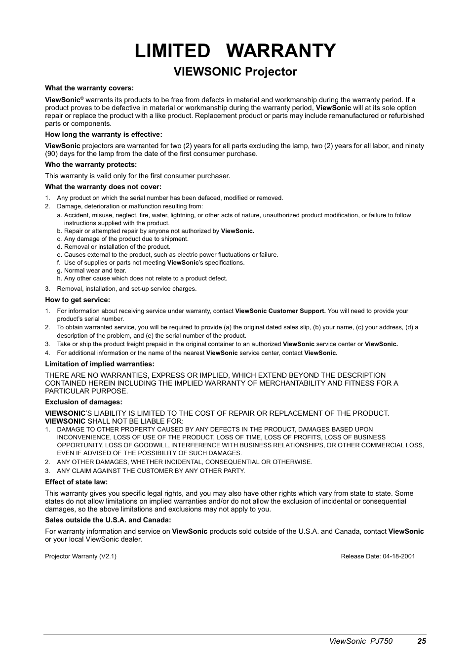 Limited warranty, Viewsonic projector | VIEWSONIC PJ750 User Manual | Page 27 / 30
