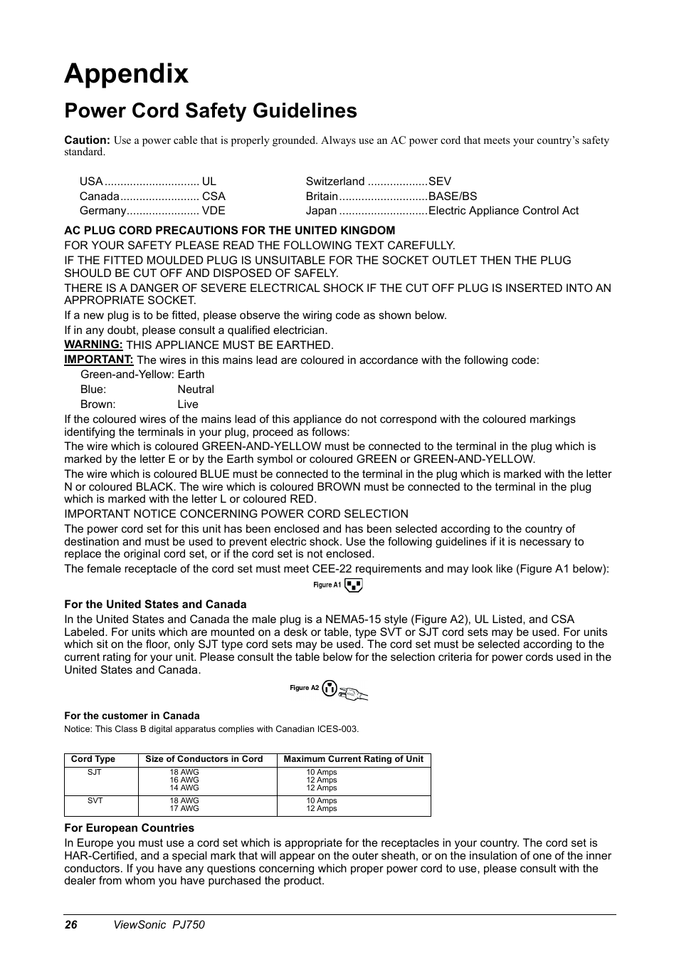 Appendix, Power cord safety guidelines | VIEWSONIC PJ750 User Manual | Page 28 / 30