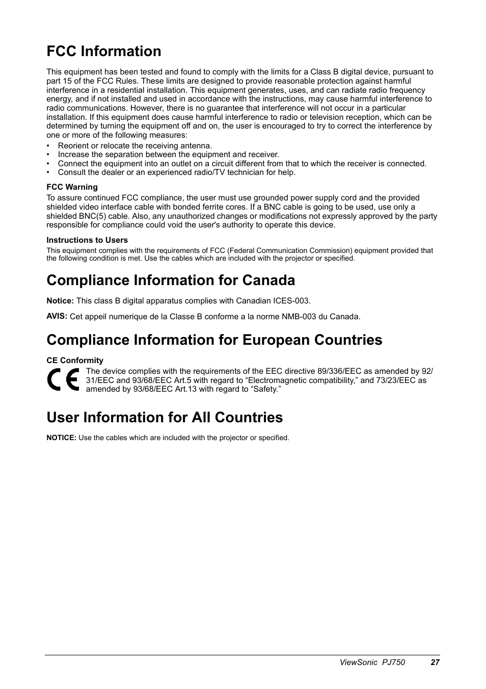 Fcc information, Compliance information for canada, Compliance information for european countries | User information for all countries | VIEWSONIC PJ750 User Manual | Page 29 / 30