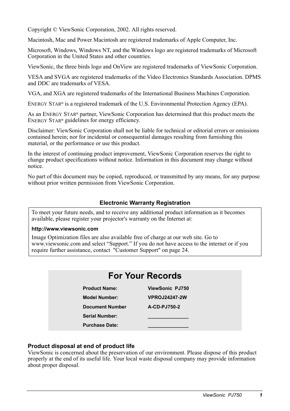 For your records | VIEWSONIC PJ750 User Manual | Page 3 / 30