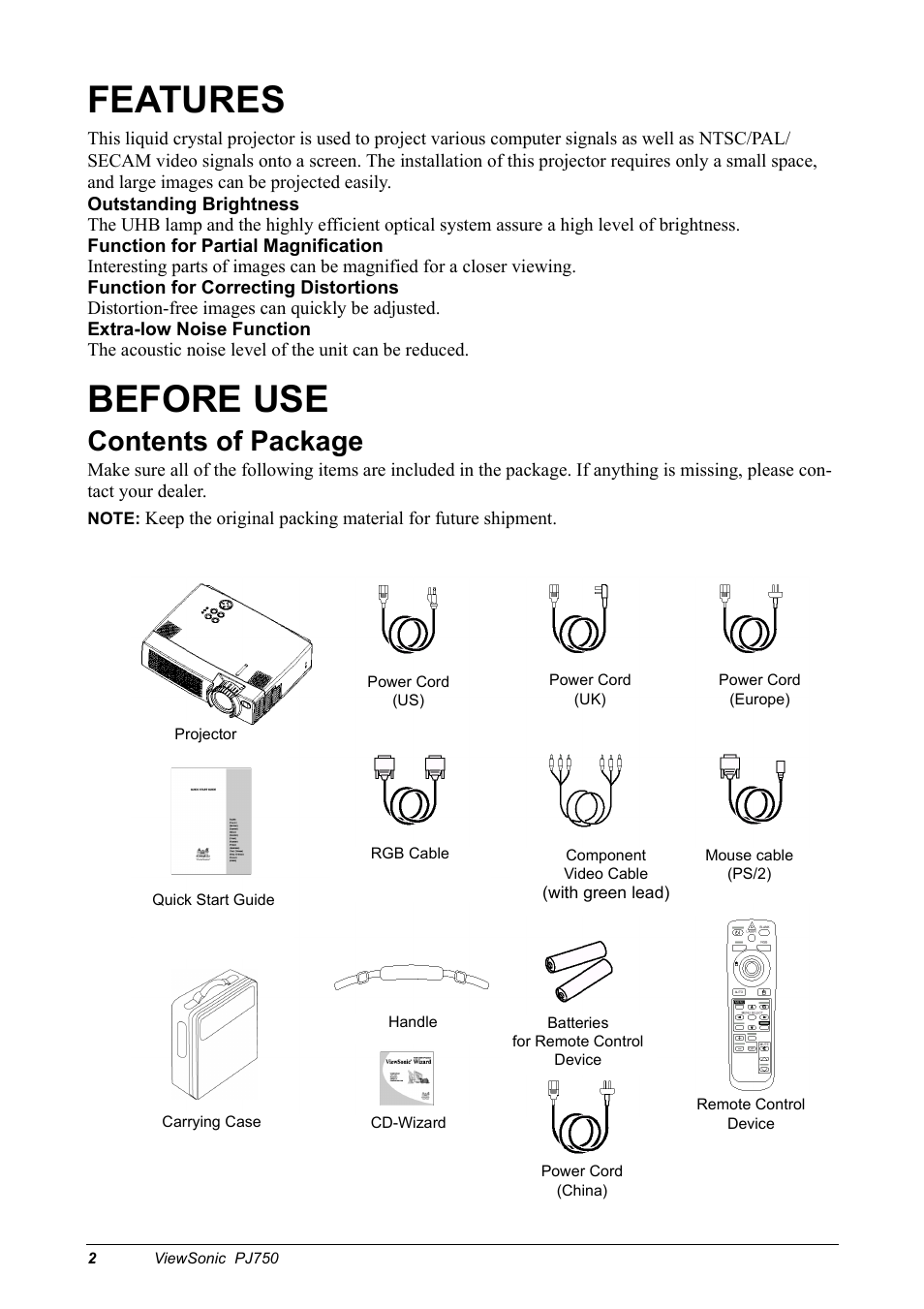 Features, Before use, Contents of package | VIEWSONIC PJ750 User Manual | Page 4 / 30