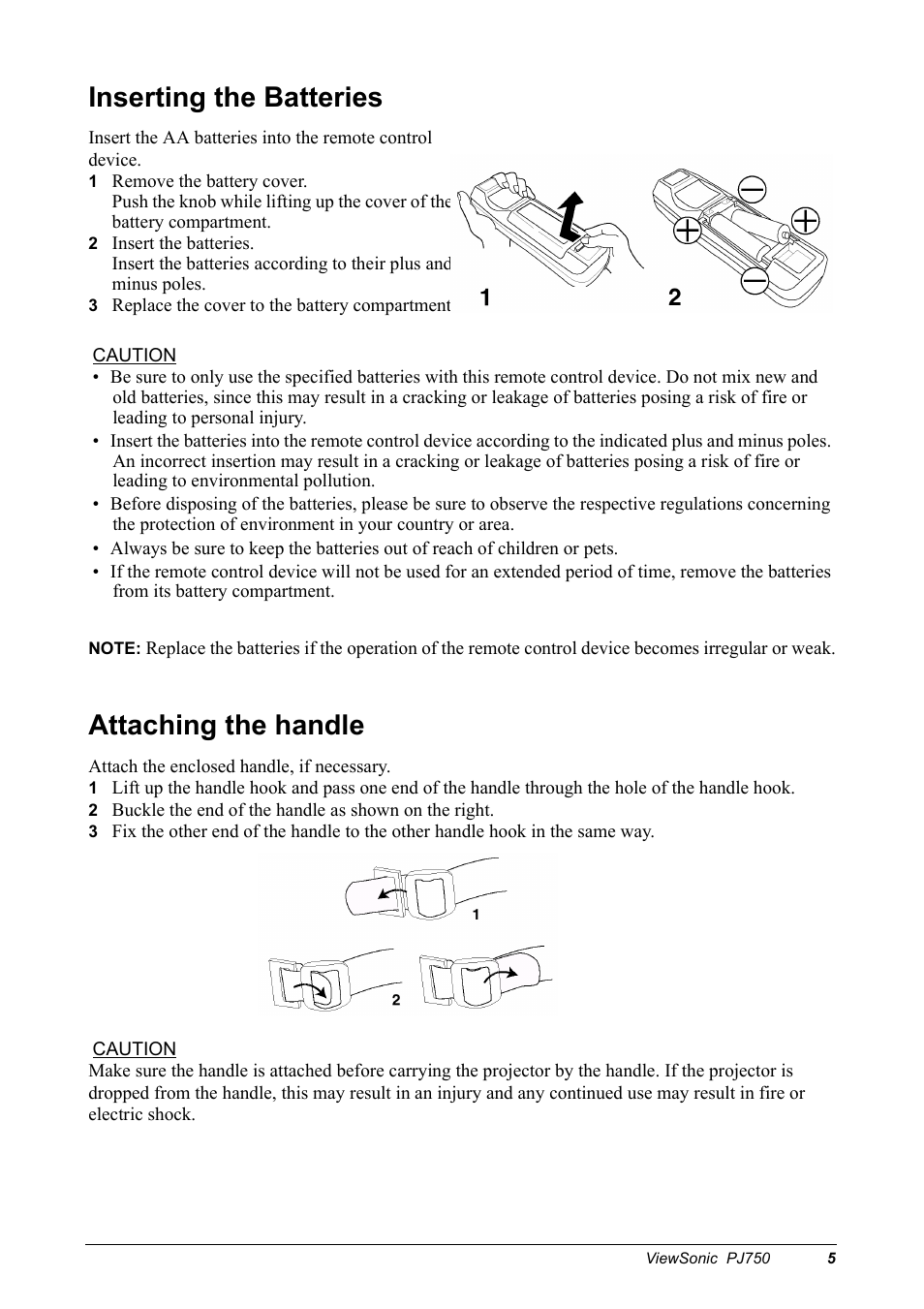 Inserting the batteries, Attaching the handle | VIEWSONIC PJ750 User Manual | Page 7 / 30