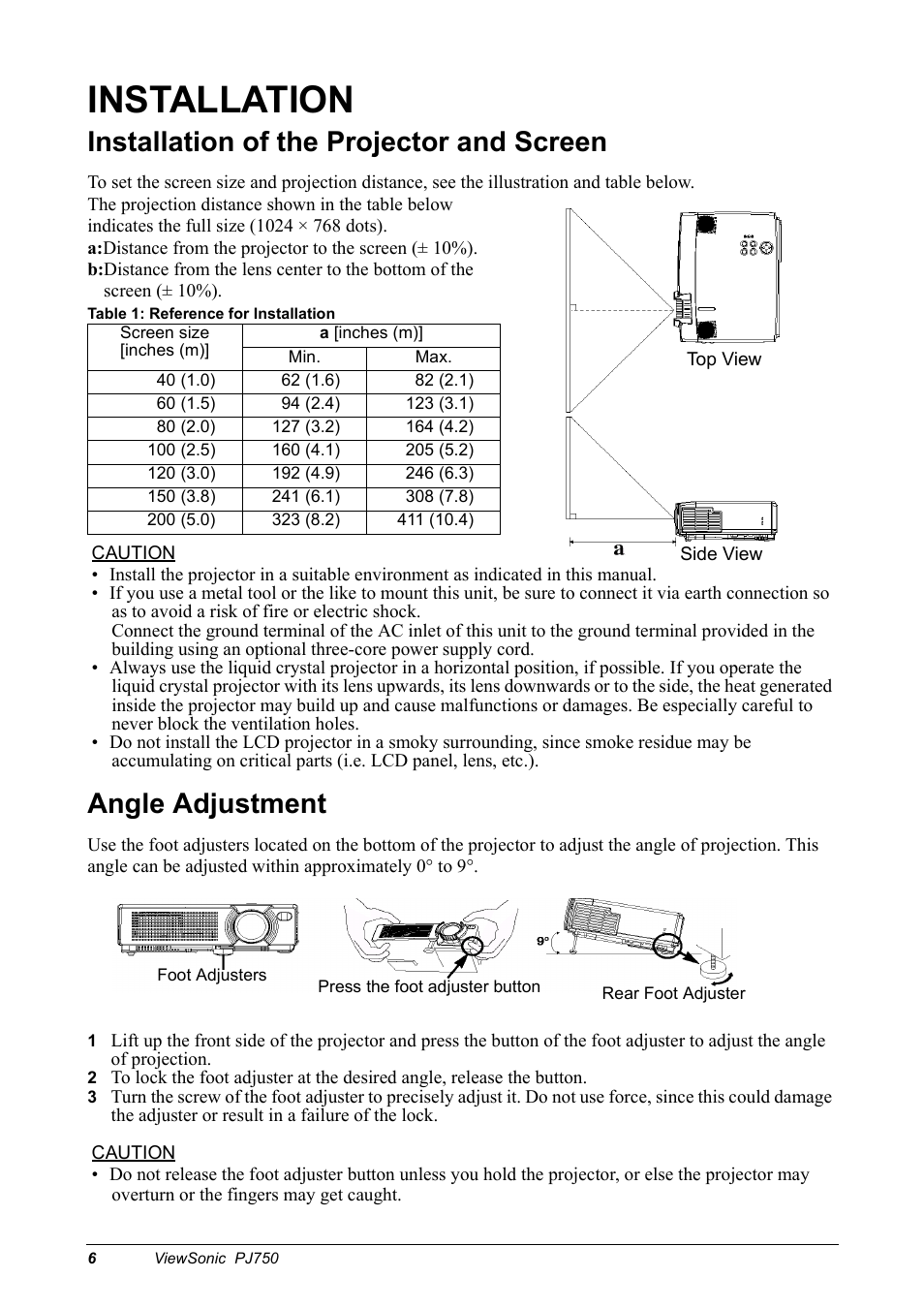 Installation, Installation of the projector and screen, Angle adjustment | VIEWSONIC PJ750 User Manual | Page 8 / 30