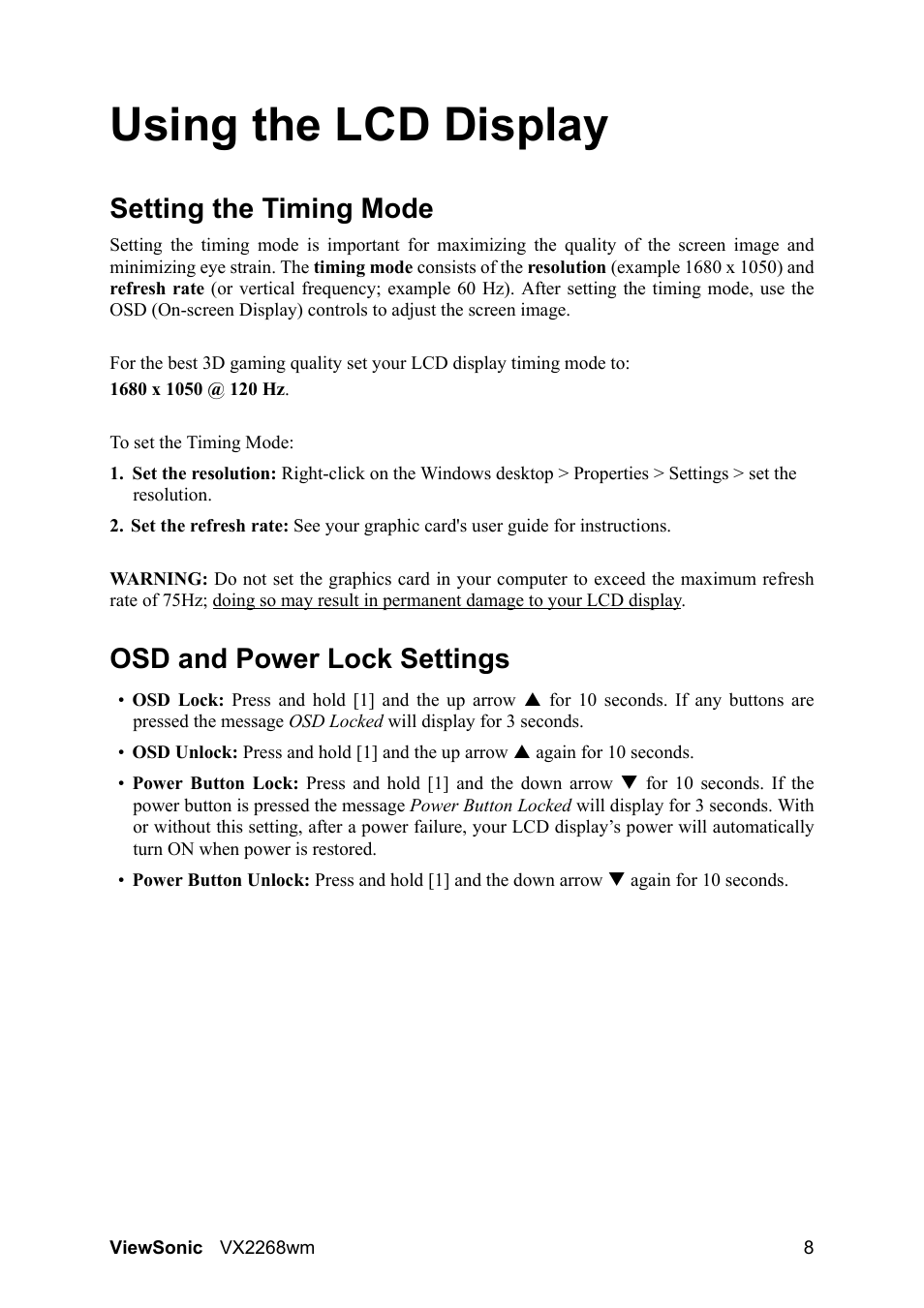 Using the lcd display, Setting the timing mode, Osd and power lock settings | VIEWSONIC VS12538 User Manual | Page 10 / 26