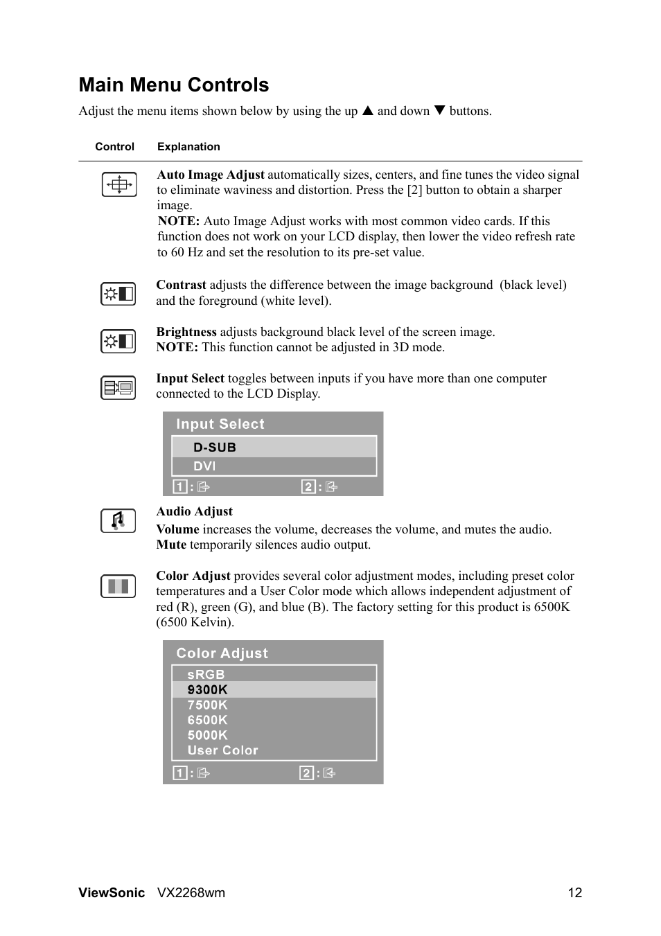 Main menu controls | VIEWSONIC VS12538 User Manual | Page 14 / 26