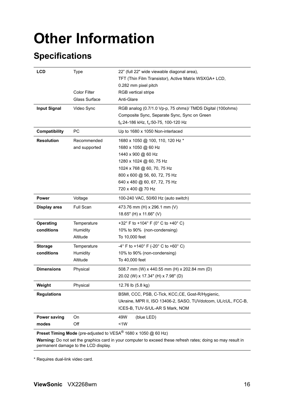 Other information, Specifications | VIEWSONIC VS12538 User Manual | Page 18 / 26